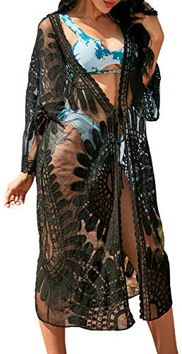 Blooming Jelly, Strandkimono für Damen – lange Sommer-Strickjacke aus Spitze mit Blumenmuster, luftige Mesh-Badebekleidung-Tunika mit 3/4-Ärmeln, Schwarz, Einheitsgröße