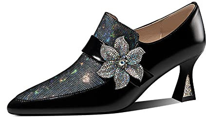 TinaCus Women's Genuine Leather Pointed Toe Handmade Flower Décor Mid Chunky Heel Side Zip Up Pumps Shoes, Black, 5 UK