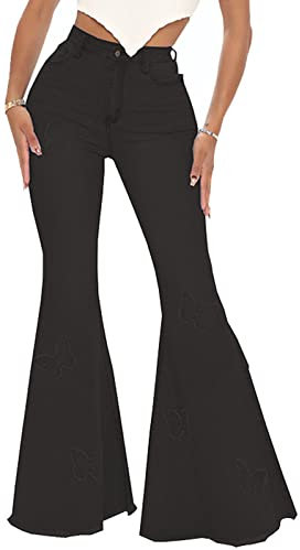 Damen-Jeans mit Glockenunterteil, hohe Taille, ausgestelltes Loch, klassische Denim-Glocken-Unterteil Schlaghose, 2576 Black, XX-Large