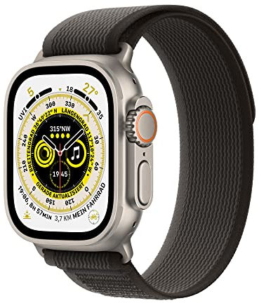 Apple Watch Ultra (GPS + Cellular, 49mm) Smartwatch - Titangehäuse, Trail Loop Schwarz/Grau - S/M. Fitnesstracker, präzisesGPS, Aktionstaste, extra Lange Batterielaufzeit, helleres Retina Display