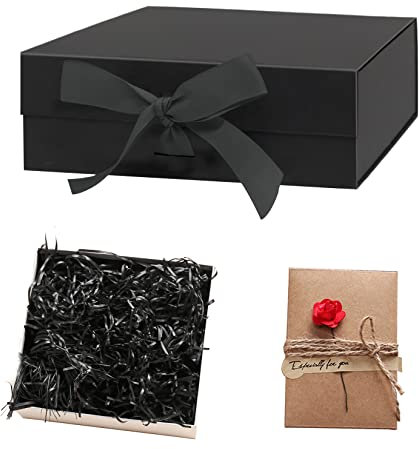 Idota Geschenkbox mit Deckel, Geschenkschachtel Schwarz Magnetische Geschenkboxen mit Schleifenband, Grußkarten, Füllmaterial, Geschenkboxen für Hochzeit Geburtstag Weihnachten Jubiläum(M)
