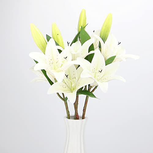 LGEGE Künstliche Blumen mit weißen Lilien, fühlen sich echt an, für Zuhause, Küche, Büro, Hotel, Dekoration, Blumenarrangement, Tafelaufsätze für den Tisch, 4 Stück