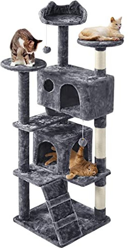 Yaheetech Árbol Rascador para Gatos de 158 cm con Plataforma Torre Escalador para 1-3 Gatos Medianos con Bolas 49x49x158 cm Gris Oscuro Gris Oscuro