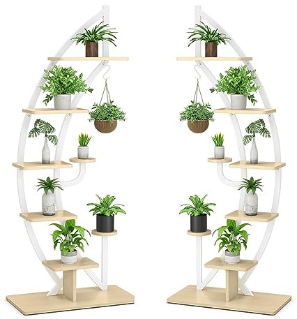 RELAX4LIFE Porte-Plante Étagère à Fleurs à 5 Niveaux Cadre en Fer Robuste et Crochet, Décoratoin Intérieure pour Salon Balcon, 60X30X155CM (Arc | Blanc, lot de 2)