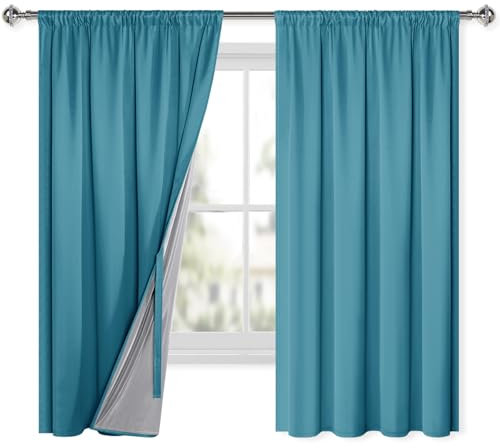 XWZO 100% Blickdichte Vorhänge Wohnzimmer, Vorhänge mit Kräuselband, Gardinen Schlafzimmer, Doppellagige Dicke Verdunklungsvorhänge Thermovorhang Kälteschutz, 175x140 cm(HxB) Tealblau 2er Set