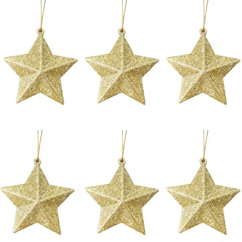 SECALIFE 6 PCS Christmas Tree Baubles Decorations, Gold Star Hanging Ornaments Gold Glitter Stars Festive Embellishments for Holiday Party, Gold Giltter Star 7cm