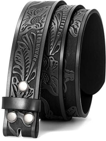 JasGood Western Gürtel für Herren Damen Ledergürtel ohne Schnalle Gürtelriemen Wechselgürtel Floral Graviert Geprägter Cowboy Gürtel für Jeans Hosen 38mm Breit,Schwarz,130cm