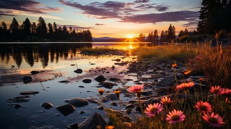 adrium Acryl-Bild 70 x 40 cm: Sonnenuntergang über den Gräsern und der mit Wildblumen gefüllten Wiese. (212521768)