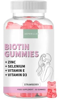 Gummies Biotine 10.000 mcg - Vitamine Pousse Cheveux avec Zinc + Sélénium + Vitamine E + Vitamine D3 - Gommes Végétaliens à la Biotine pour Cheveux et Ongles - Goût Fraise - 60 Unités