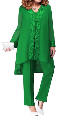 CHICTRY Mother of The Bride Dress Pant Suits Women Plus Size Chiffon 3 Pieces Cocktail Party Dress Evening Gown Green L/0XL
