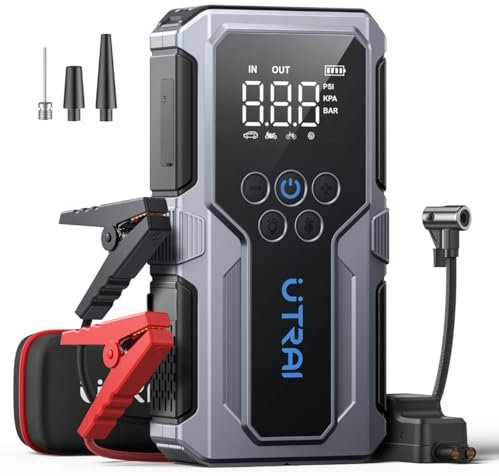 Jump Starter Power Pack with Air Compressor,UTRAI 4000A Car Battery Booster Jump Starter,Portable Car Power Bank with Jump Leads/18W Fast Charging/Emergency FlashLight,8.5L Gas/6.5L Diesel