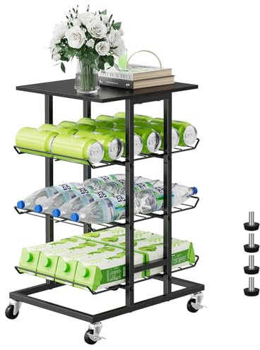 smusei Water Bottle Organizer 3 Tier Free Standing Storage Rack Mobile Beverage Snack Cart with Wheels, Bottled Water Rack for Floor Metal Drink Shelf Stand for Pantry Living Room