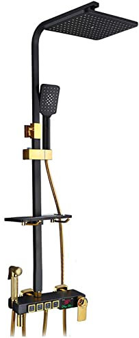 QUSYZD Sistema Doccia a LED Set Doccia termostatico in Ottone per Bagno con Rubinetto per Doccia a soffitto, Set Miscelatore Doccia Dorato Nero a Parete per Palestra in Camera d'albergo