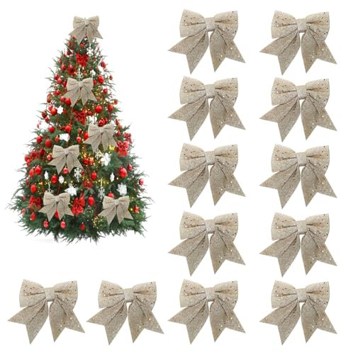 RANJIMA 12 Stück Weihnachten Schleifen,12*15cm Weihnachtsschleifen,Glitzer Weihnachtsbaumschmuck Weihnachtskranz Tannenbaum Deko,Weihnachtsbaum Bogen für Weihnachten Hochzeit Party Dekoration (Gold)