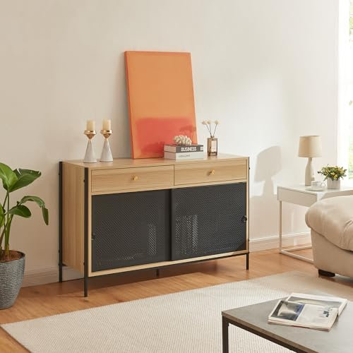 [en.casa] Meuble TV avec 2 Tiroirs et 2 Portes Coulissantes Passe-Câbles Banc Télévision Table Télé pour Salon Chambre Panneau de Particules 120 x 40 x 75 cm Effet Chêne Noir