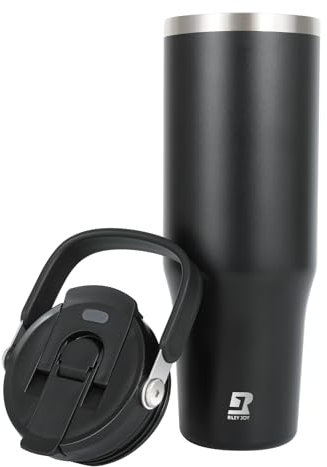 Riley Joy 2.0 Stainless Steel Tumbler 32 oz with Handle and Straw - 100% Leak Proof Insulated Water Bottle - Easy to Carry Travel Mug - Dishwasher Safe - Car Coffee Cup - Black