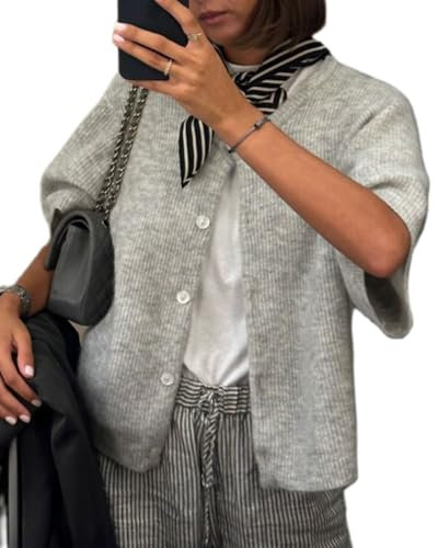 Acrawnni Women Y2k Crop Knit Cardigan Button Down Short Sleeve Ribbed Knitted Crop Top Sweater Knit Tops Outwear Streewear (A-Gray, L)