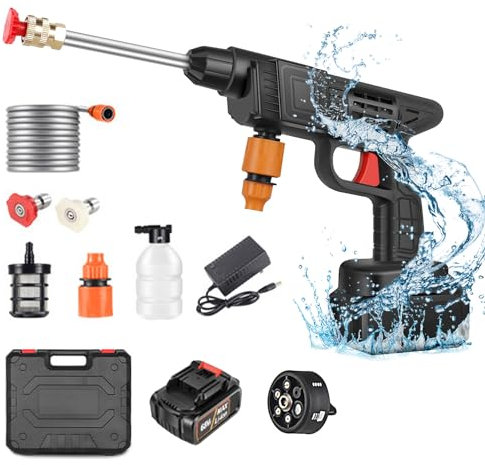 Idropulitrice a Batteria, 48 V Max 90 Bar Idropulitrice Portatile con Ugello Multispruzzo 6 in 1, Tubo da 5M, Lancia di Prolunga, Strumento per La Pulizia Dell'auto da Esterno
