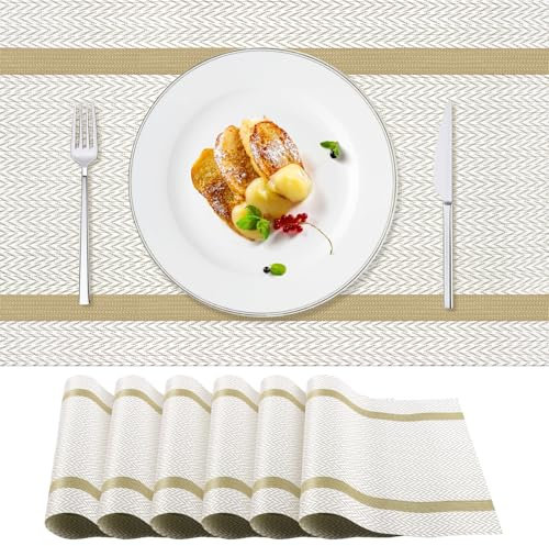 PullinTimes 6er Set Platzsets Abwaschbar,Tischsets Abwaschbar aus PVC,Hitzebeständig rutschfest Platzdeckchen Tischmatten, 30x45cm Platz-Matten für Küche(Beige)