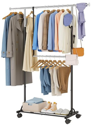 FAVOOSTY Kleiderständer auf Rollen, Mobiler Kleiderständer Stabil, Garderobenständer Metall, Einstellbar Garderobe, 89.50×39.00×161.20 cm Weiß