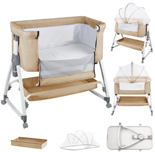 OHMG 3 en 1 Berceau Cododo pour Bébé,Inclinaison&Hauteur Réglable,Lit Cododo de Bébé avec Matelas Moelleux et Moustiquaire 4 Roues,pour 1 à 36 Mois (Blanc de Riz(80 * 40 * 100-115cm))