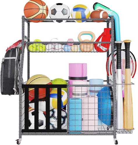 HOMREST Sports Equipment Storage, Ball Storage, Ball Holder, Garage Sports Organizer with Basket and Hooks, Rolling Sports Ball Storage Cart with Wheels for Toy Sports Gear Storage, Black
