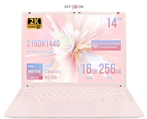 LONGEVINCE Ordinateur De 14,1 Pouces, Processeur Celeron N5105,Déverrouillage Des Empreintes Digitales, Clavier Rétroéclairé,Caméra Push-Pull,Win 11,Type-C, USB3.0*3, WiFi/BT 5.0 (Rose,16G+256GB SSD)