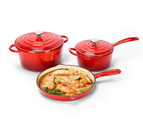 Hisencn Enameled Cast Iron Cookware Set - 5 Piece Set of Dutch Oven, Sauce Pan, Skillet, 2 Lids, Dutch Oven Set, Ceramic Coated Cast Iron, Heavy Duty, Gas/Induction Compatible, PFA Free, Rouge Red