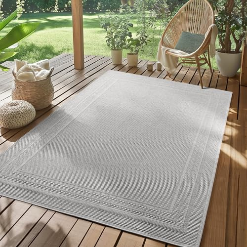 SIMPEX Outdoor Teppich Grau 280x370 cm Wetterfest UV-beständig Pflegeleicht Einfarbiges Design mit Bordüre für Küche Balkon Terrasse Garten Wohnzimmer