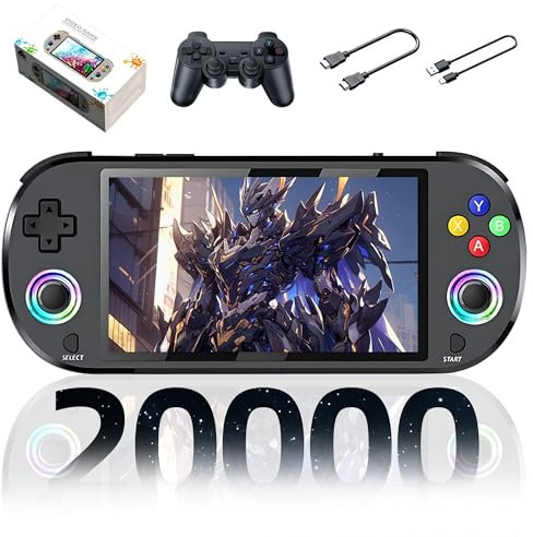 M22 Pro Retro Handheld Spielekonsole Retro Konsole,20000+ Spiele,30+ Emulatoren,EmuELEC System Tragbare Spielkonsole,5-Zoll-IPS Farben RGB Bildschirm,mit Drahtlosem Controller,3000mAh (Schwarz-64G)