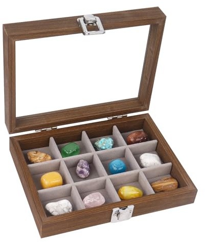Dmnnlp 12 Grids Rock Display Case, hölzerne Rock Sammlung Box mit klarem Glasdeckel, Lagerung Display-Boxen für Sammlerstücke Edelstein Fossil Crystal Stone Jewellery (Hellbraun)