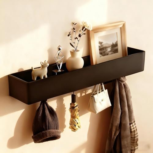 DEANKEJI Wandgarderobe Schwarz, 43,5 cm, Mit 5 Versteckten Haken & Ablage