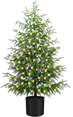 ENVEN 4FT Pre-Lit Artificial Norfolk Pine Christmas Tree – Realistic Potted Tree with 100 LED Lights & 8-Function Battery Box, Pre-Assembled Faux Holiday Décor for Indoor Use