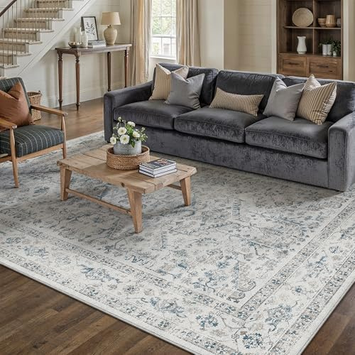 PureCozy Vintage Blau Teppich Wohnzimmer 140x200cm Waschbar | Waschbarer Teppich, Weich Rutschfest, Kurzflor Boho, für Wohnzimmer Schlafzimmer Esszimmer Büro, Großer Teppich