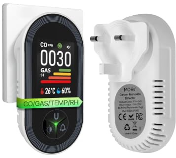 MOES 4-in-1 CO & Combustible Gas Detector, Temp/Humidity Monitor, UK Plug | Dual CO/Gas sensors, 85dB alarm, 180° rotatable HD screen, adjustable brightness & screen-off, plug-and-play home security