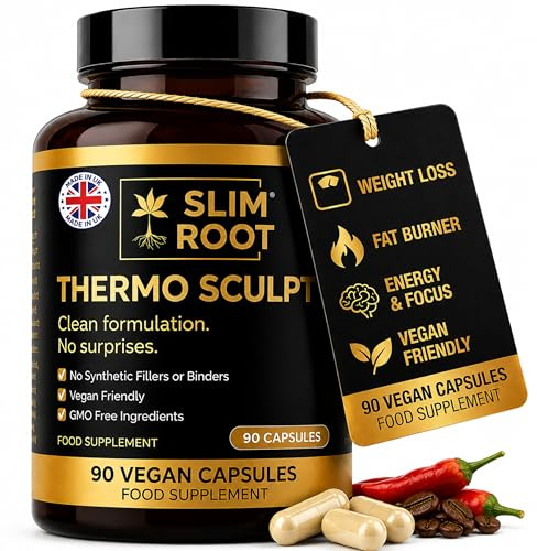 Slim Root Thermogenic Fat Burner, Weight Loss Supplement with Caffeine,Cayenne, Green Tea Extract 600 mg, Appetite Suppressant, Metabolism, Energy & Focus for Women & Men,90 Vegan Capsules Made in UK