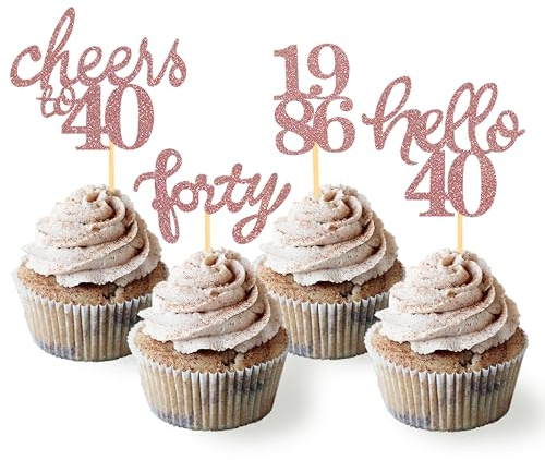 24 Pcs Glitter 40th Birthday Decoration Cupcake Toppers (Rose Gold-1986) | 40th Cake Decorations, 40th Birthday Decoration, 40th Birthday Party Supplies