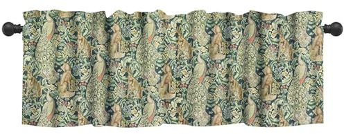 Vintage Waldtier-Scheibengardine im William-Morris-Stil mit Pfau, Fuchs und Hase sowie botanischem Gartenmotiv in Rustikgrün, Kurzgardine Fensterdeko für Wohnzimmer oder Arbeitszimmer, 137×45 cm