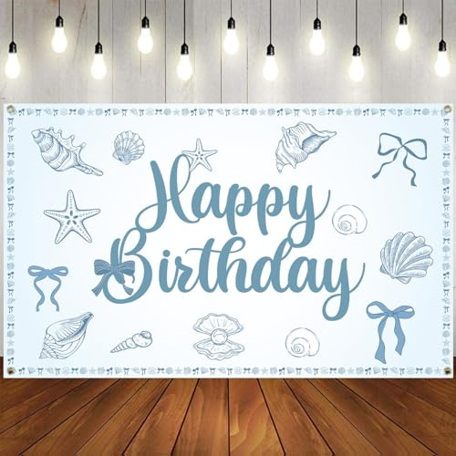 Coquette Blue Bow Seashell Ocean Beach Bannière Fond 1,8 x 1,1 m Coquillage Anniversaire Fête Décorations Côte Anniversaire Décorations pour Décoration d'anniversaire sur le thème de la côte, avec nœu