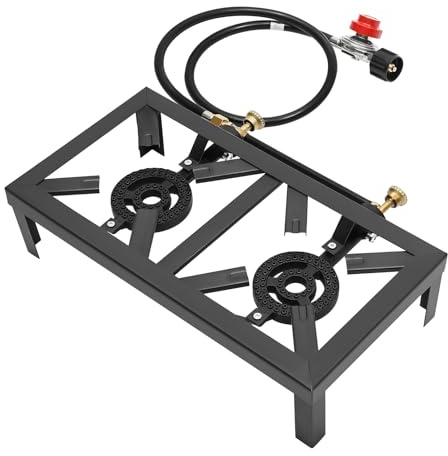Réchaud à gaz de camping - Double feu - 8 kW (2 x 4000 W) - En fonte - Avec régulateur de pression 0-10 PSI et tuyau de 1,2 m - Robuste et portable - Pour extérieur, jardin, pique-nique, pêche (48 x