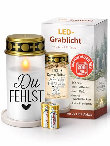 Grablichter LED mit Batterie I Friedhofskerzen bis 6 Monate Leuchtdauer | Grabkerzen Wetterfest für draußen mit Flackereffekt I Stilvolle Gedenkkerze inkl. 3 Sticker zur Gestaltung I Drytogo