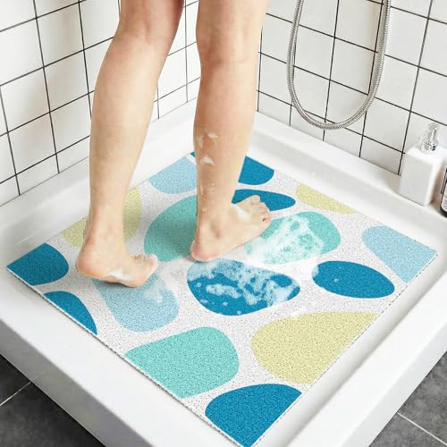 Quadratische Duschmatte aus PVC Luffa 60x60 cm, Badematte und Duscheinlage, mit Schnelltrocknend und Drainage, Duschmatte für Senioren, Badematte für Familie, Blauer Stein