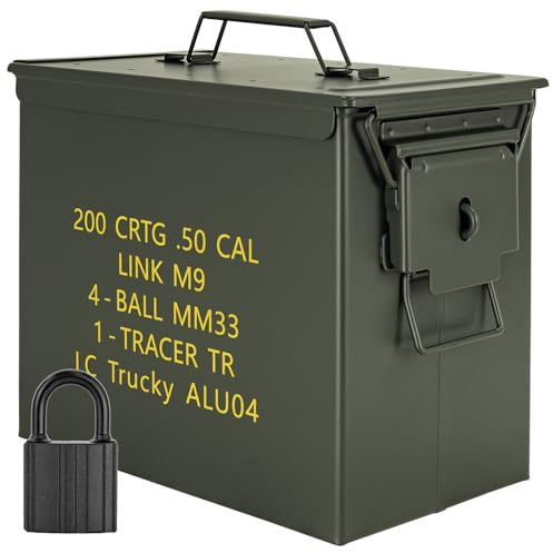 Trucky Munitionsbox mit Schloss 33x19x28 cm Ammo Box Metallkiste Metallbox Munitionskiste Aufbewahrungsbox mit Deckel Army Metall Grün