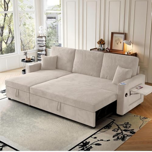 Hmluxury L-Form Sofa mit Schlaffunktion, Stauraum und Ladegerät – Platzsparendes Etagenbett für Wohnzimmer und Apartments, Modulares Sofa, Kuscheliger Samtstoff, Einfache Montage