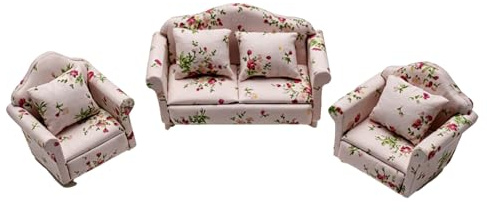 Ycauty Mini-Sofa für Puppenhaus, Maßstab 1:12, mit 4 Kissen, Holzrahmen, modulares Sofa aus Baumwollstoff für Miniatur-Wohnzimmer (kleines Blumenset)