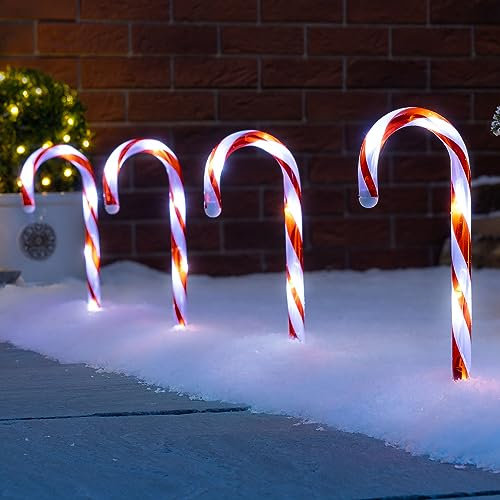 Christow Candy Cane Christmas Lights, Outdoor Path Stake Decorations, Flashing LED, Battery Operated with Timer, Set of 4 x 26cm (Red & White)