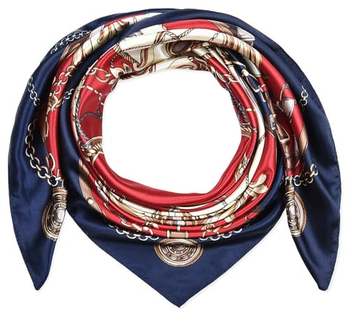corciova 35 Women Silk Feeling 90 cm Square Hair Neck Sleeping Scarf Oxford Blue Cadmium Red Court Belt Rope