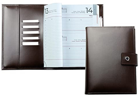 DELMON VARONE - Personalisierbarer Buch-Kalender DIN A5 2025 + 2026 Cambridge Top Grain Leder Braun - Organizer Terminkalender 1 Tag 1 Seite - Taschenkalender Druckknopf Stiftschlaufe & Einschubfächer