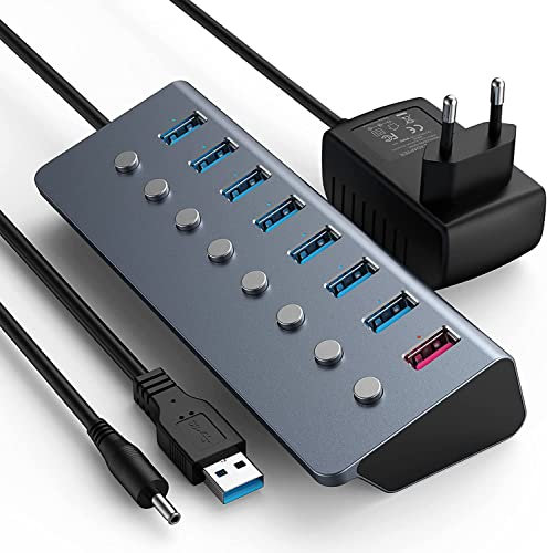 Hub USB 3.0 de 8 Puertos con 5 V/3 A de Aptador, conmutador USB rápido, Interruptor de Encendido y Apagado Individual para MacBook Air/Pro, Pad Pro 2020, DELL, Microsoft