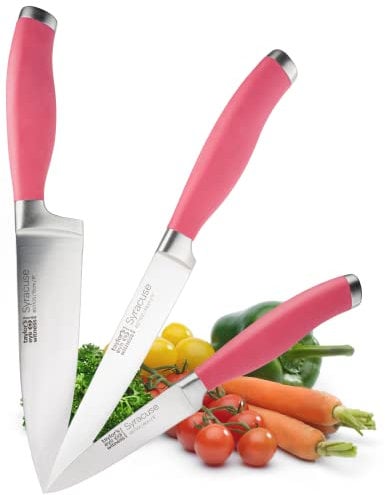 3pcs Starter Kitchen Knife Set - Raspberry Syracuse Collection, 8cm Paring, 13cm All Purpose and 15cm Chefs Knives, Fine Cutting Edge, Razor Sharp Blade, Soft Grip Pastel Pink Rubberised Handle.